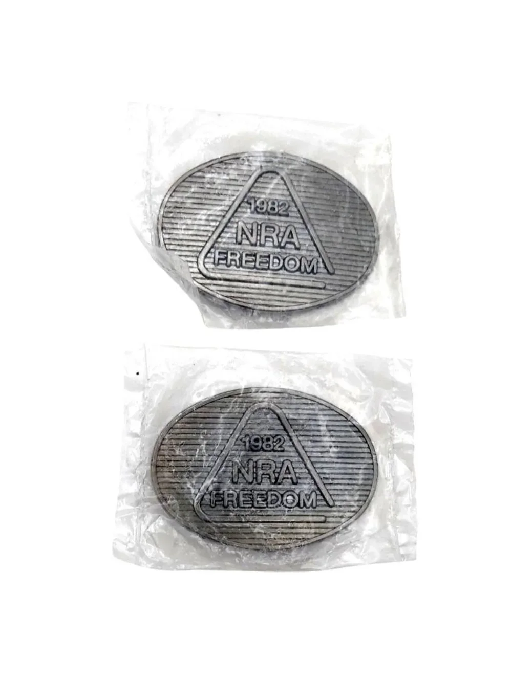 NRA Freedom Pewter Oval Belt Buckles Set Of 2 Collectible NOS Vintage 1982